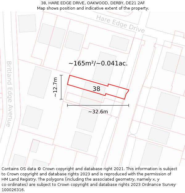 38, HARE EDGE DRIVE, OAKWOOD, DERBY, DE21 2AF: Plot and title map