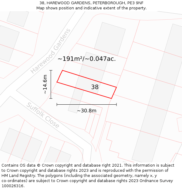 38, HAREWOOD GARDENS, PETERBOROUGH, PE3 9NF: Plot and title map