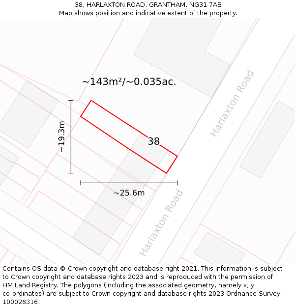 38, HARLAXTON ROAD, GRANTHAM, NG31 7AB: Plot and title map