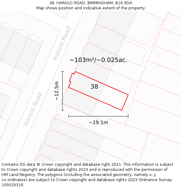 38, HAROLD ROAD, BIRMINGHAM, B16 9DA: Plot and title map