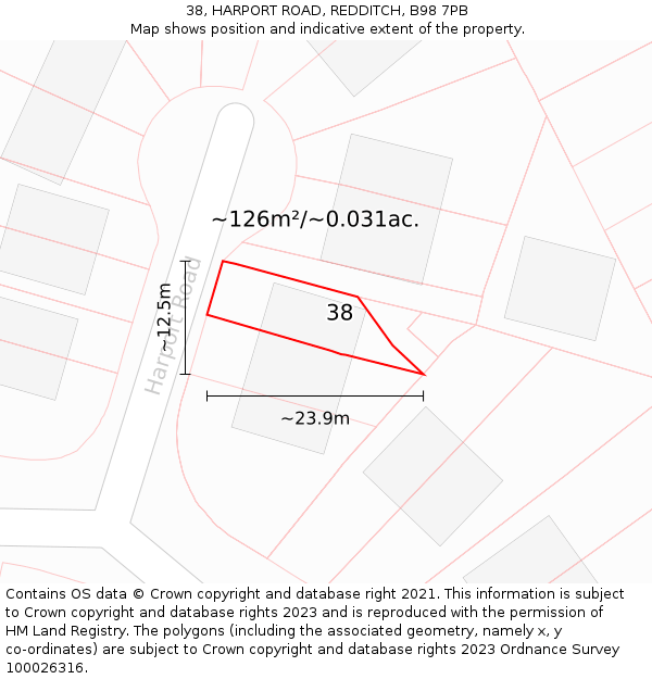 38, HARPORT ROAD, REDDITCH, B98 7PB: Plot and title map