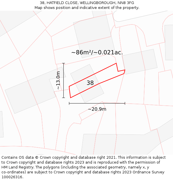 38, HATFIELD CLOSE, WELLINGBOROUGH, NN8 3FG: Plot and title map