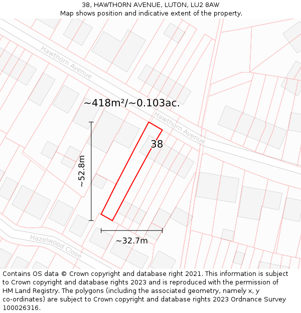 38, HAWTHORN AVENUE, LUTON, LU2 8AW: Plot and title map
