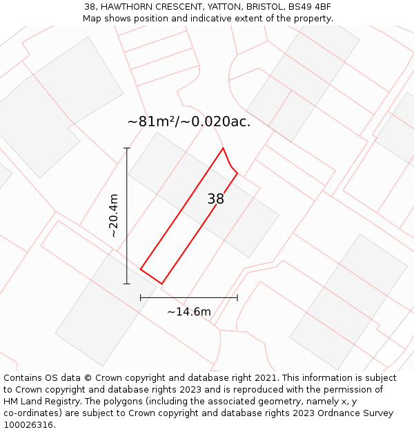38, HAWTHORN CRESCENT, YATTON, BRISTOL, BS49 4BF: Plot and title map