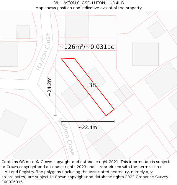 38, HAYTON CLOSE, LUTON, LU3 4HD: Plot and title map