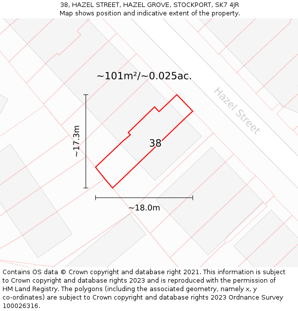 38, HAZEL STREET, HAZEL GROVE, STOCKPORT, SK7 4JR: Plot and title map