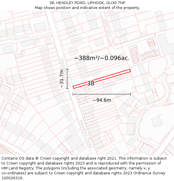 38, HEADLEY ROAD, LIPHOOK, GU30 7NP: Plot and title map