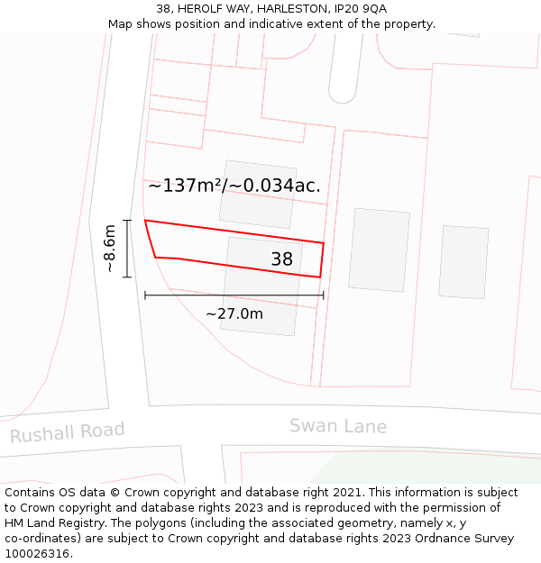 38, HEROLF WAY, HARLESTON, IP20 9QA: Plot and title map