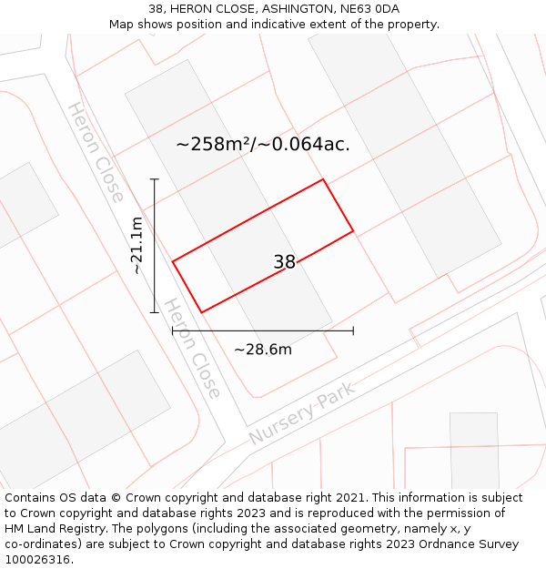 38, HERON CLOSE, ASHINGTON, NE63 0DA: Plot and title map