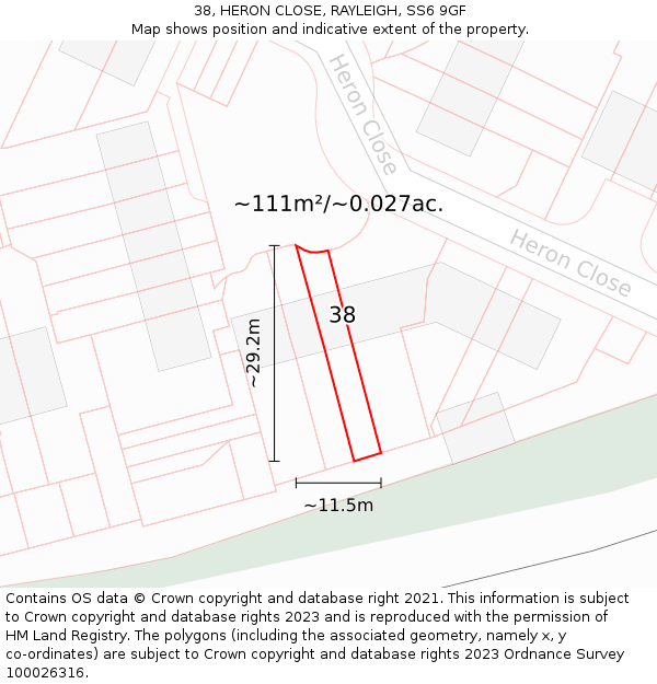 38, HERON CLOSE, RAYLEIGH, SS6 9GF: Plot and title map