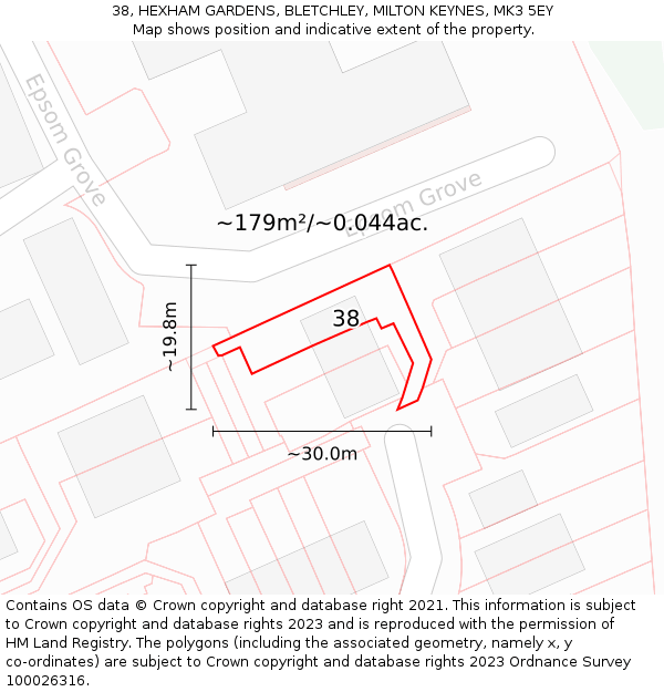 38, HEXHAM GARDENS, BLETCHLEY, MILTON KEYNES, MK3 5EY: Plot and title map