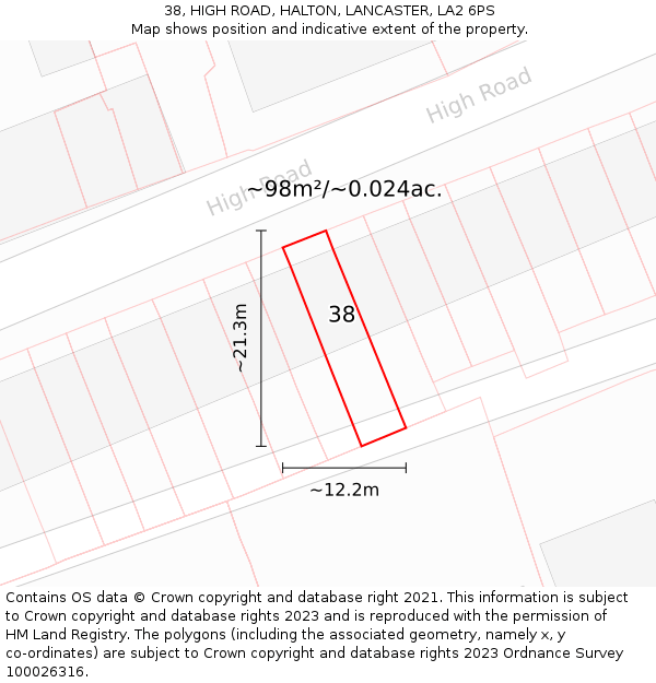 38, HIGH ROAD, HALTON, LANCASTER, LA2 6PS: Plot and title map