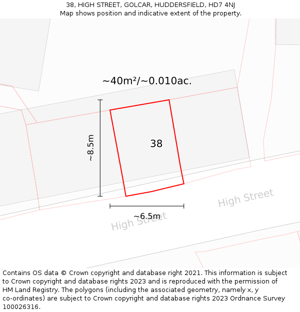 38, HIGH STREET, GOLCAR, HUDDERSFIELD, HD7 4NJ: Plot and title map