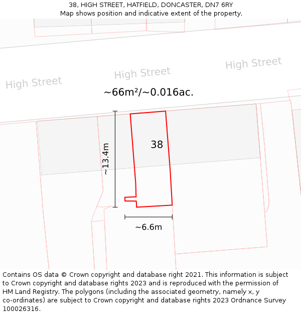 38, HIGH STREET, HATFIELD, DONCASTER, DN7 6RY: Plot and title map