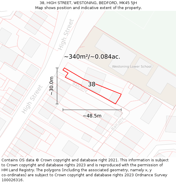38, HIGH STREET, WESTONING, BEDFORD, MK45 5JH: Plot and title map