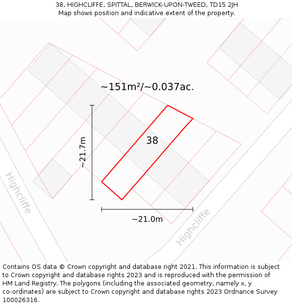 38, HIGHCLIFFE, SPITTAL, BERWICK-UPON-TWEED, TD15 2JH: Plot and title map