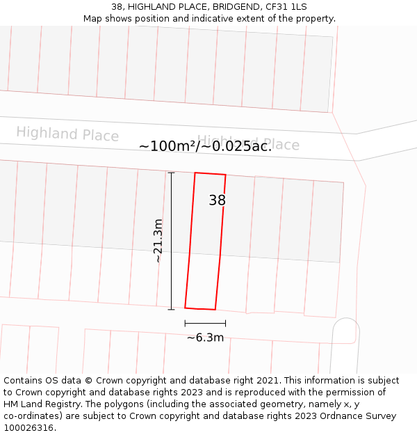 38, HIGHLAND PLACE, BRIDGEND, CF31 1LS: Plot and title map