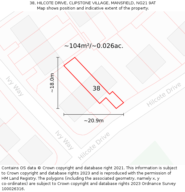 38, HILCOTE DRIVE, CLIPSTONE VILLAGE, MANSFIELD, NG21 9AT: Plot and title map