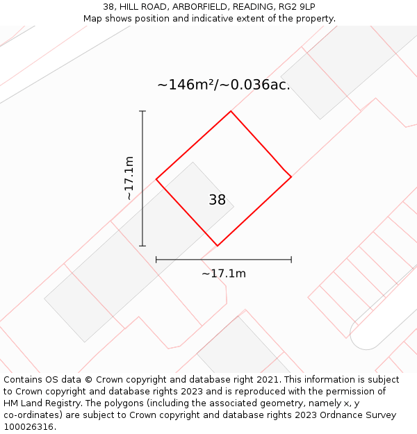 38, HILL ROAD, ARBORFIELD, READING, RG2 9LP: Plot and title map
