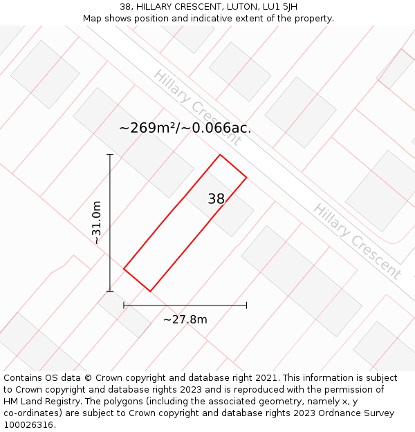 38, HILLARY CRESCENT, LUTON, LU1 5JH: Plot and title map