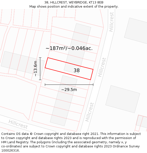 38, HILLCREST, WEYBRIDGE, KT13 8EB: Plot and title map