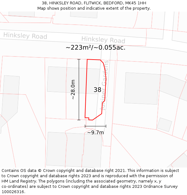 38, HINKSLEY ROAD, FLITWICK, BEDFORD, MK45 1HH: Plot and title map