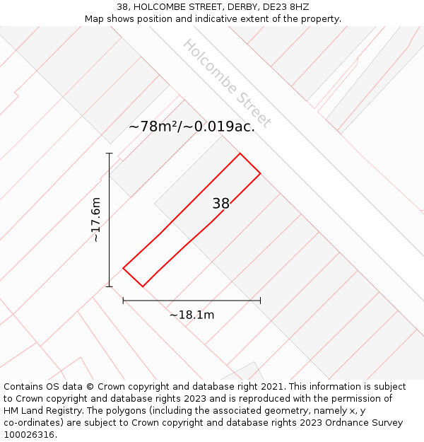 38, HOLCOMBE STREET, DERBY, DE23 8HZ: Plot and title map