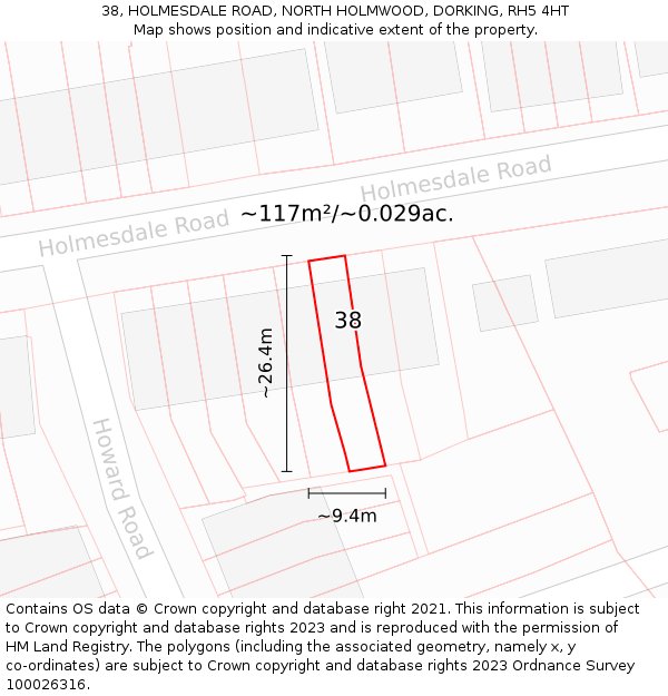 38, HOLMESDALE ROAD, NORTH HOLMWOOD, DORKING, RH5 4HT: Plot and title map