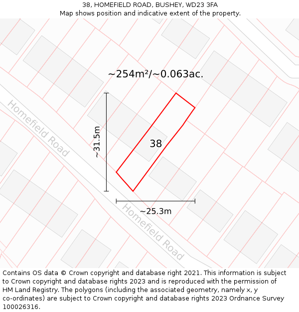 38, HOMEFIELD ROAD, BUSHEY, WD23 3FA: Plot and title map