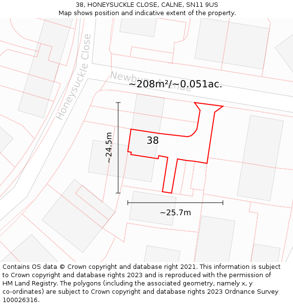38, HONEYSUCKLE CLOSE, CALNE, SN11 9US: Plot and title map