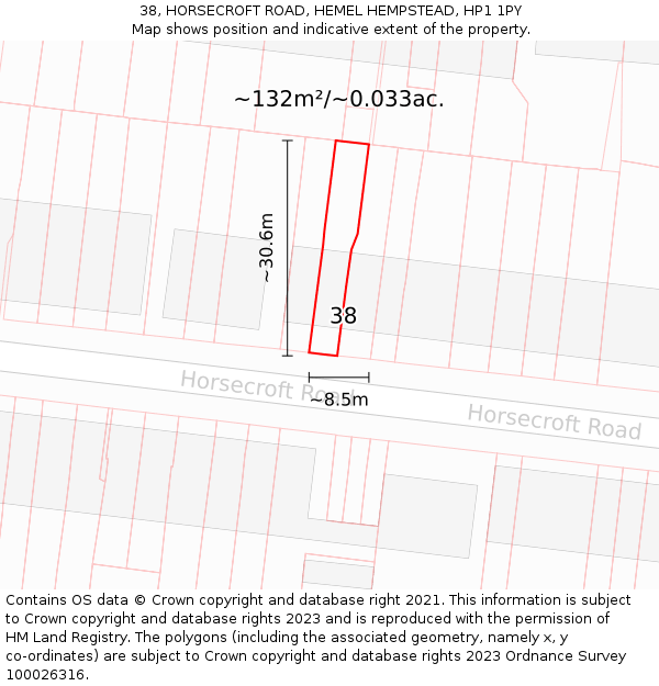 38, HORSECROFT ROAD, HEMEL HEMPSTEAD, HP1 1PY: Plot and title map