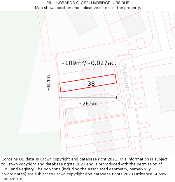 38, HUBBARDS CLOSE, UXBRIDGE, UB8 3HB: Plot and title map