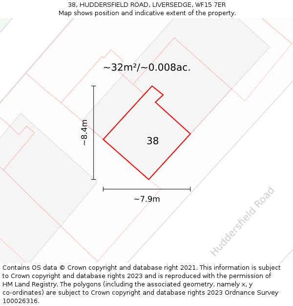 38, HUDDERSFIELD ROAD, LIVERSEDGE, WF15 7ER: Plot and title map
