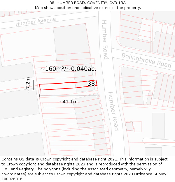 38, HUMBER ROAD, COVENTRY, CV3 1BA: Plot and title map