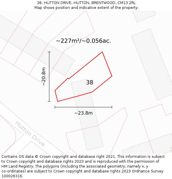 38, HUTTON DRIVE, HUTTON, BRENTWOOD, CM13 2RL: Plot and title map