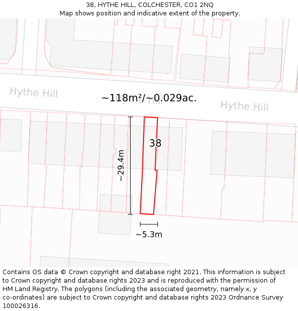 38, HYTHE HILL, COLCHESTER, CO1 2NQ: Plot and title map