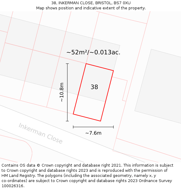 38, INKERMAN CLOSE, BRISTOL, BS7 0XU: Plot and title map