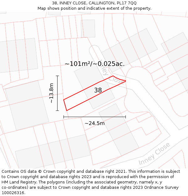 38, INNEY CLOSE, CALLINGTON, PL17 7QQ: Plot and title map