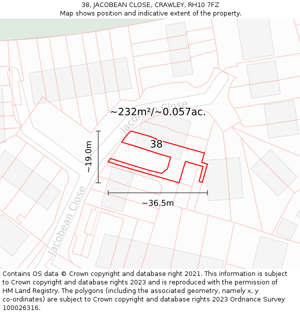 38, JACOBEAN CLOSE, CRAWLEY, RH10 7FZ: Plot and title map