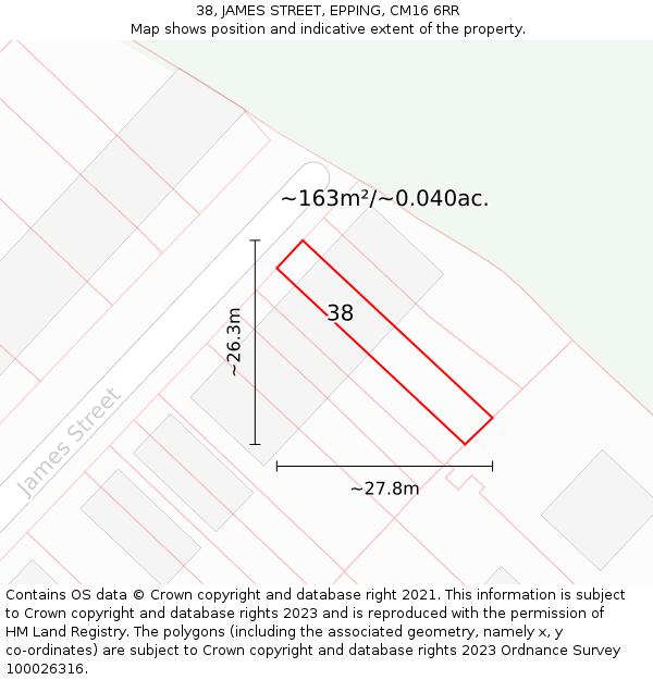 38, JAMES STREET, EPPING, CM16 6RR: Plot and title map