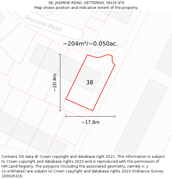 38, JASMINE ROAD, KETTERING, NN16 9TX: Plot and title map