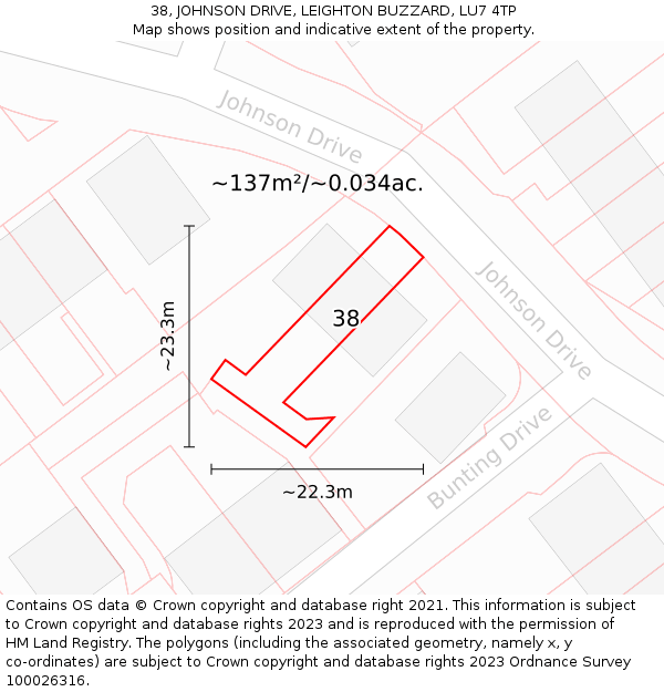 38, JOHNSON DRIVE, LEIGHTON BUZZARD, LU7 4TP: Plot and title map