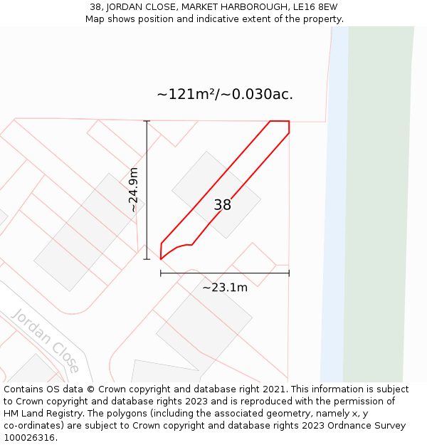 38, JORDAN CLOSE, MARKET HARBOROUGH, LE16 8EW: Plot and title map
