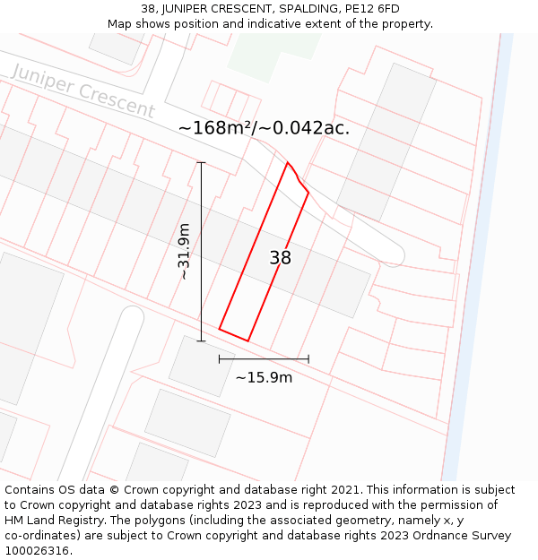 38, JUNIPER CRESCENT, SPALDING, PE12 6FD: Plot and title map