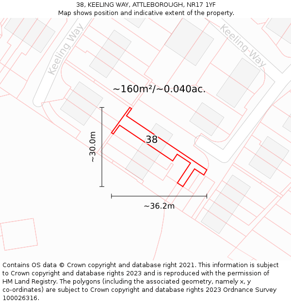 38, KEELING WAY, ATTLEBOROUGH, NR17 1YF: Plot and title map
