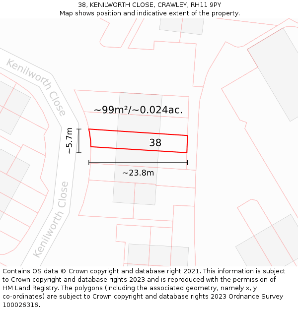 38, KENILWORTH CLOSE, CRAWLEY, RH11 9PY: Plot and title map