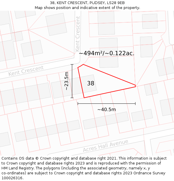 38, KENT CRESCENT, PUDSEY, LS28 9EB: Plot and title map