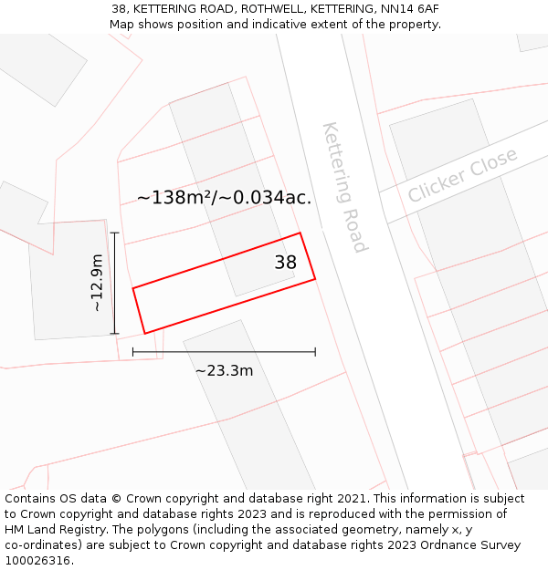 38, KETTERING ROAD, ROTHWELL, KETTERING, NN14 6AF: Plot and title map