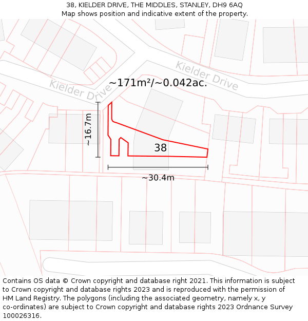 38, KIELDER DRIVE, THE MIDDLES, STANLEY, DH9 6AQ: Plot and title map