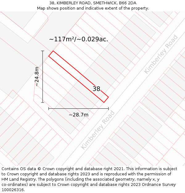 38, KIMBERLEY ROAD, SMETHWICK, B66 2DA: Plot and title map